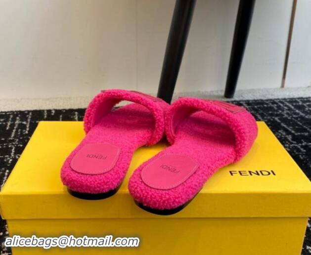 Luxurious Fendi Baguette Flat Slides Sandal in Wool Shearling Dark Pink 1112109