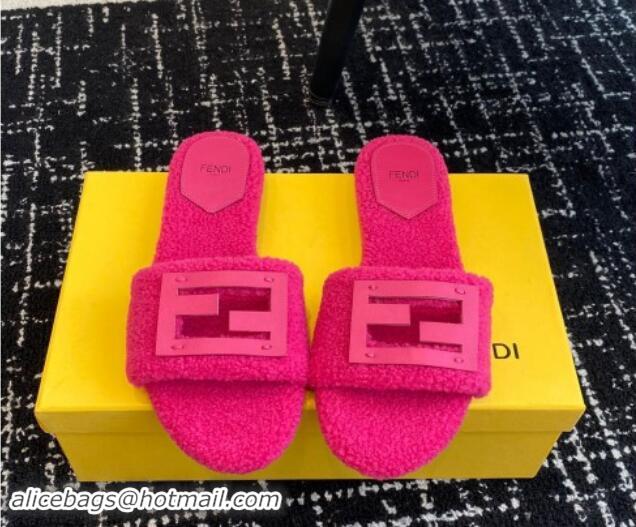 Luxurious Fendi Baguette Flat Slides Sandal in Wool Shearling Dark Pink 1112109