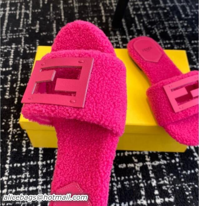 Luxurious Fendi Baguette Flat Slides Sandal in Wool Shearling Dark Pink 1112109