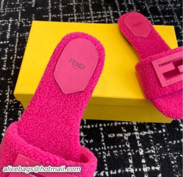 Luxurious Fendi Baguette Flat Slides Sandal in Wool Shearling Dark Pink 1112109