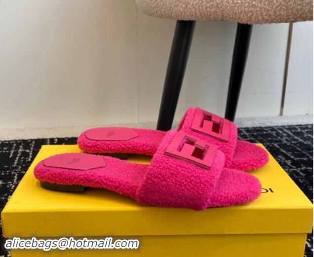 Luxurious Fendi Baguette Flat Slides Sandal in Wool Shearling Dark Pink 1112109