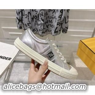 Luxury Cheap Fendi FF Patch Calfskin Sneakers Silver 112113