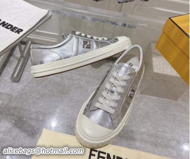 Luxury Cheap Fendi FF Patch Calfskin Sneakers Silver 112113