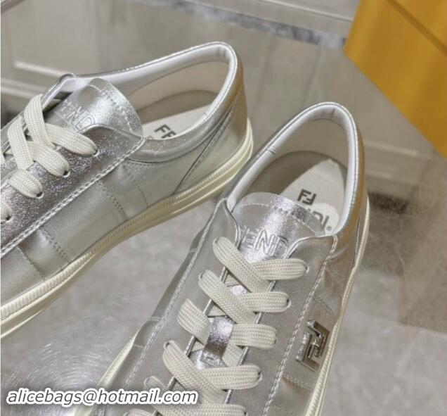 Luxury Cheap Fendi FF Patch Calfskin Sneakers Silver 112113