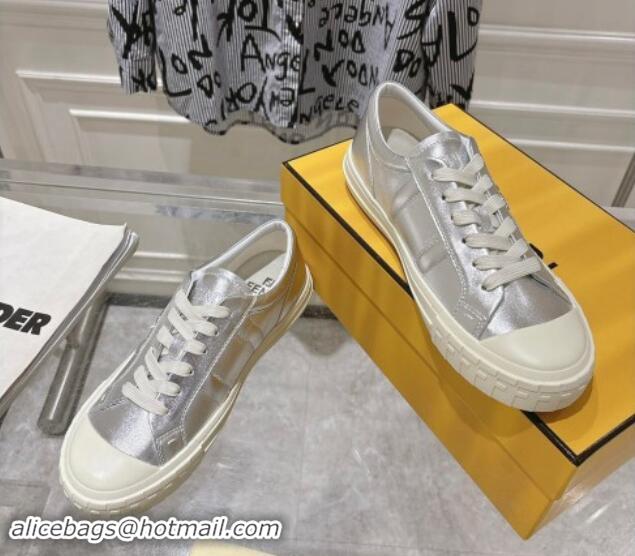 Luxury Cheap Fendi FF Patch Calfskin Sneakers Silver 112113