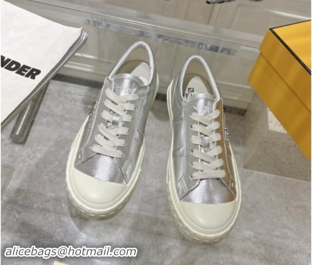 Luxury Cheap Fendi FF Patch Calfskin Sneakers Silver 112113