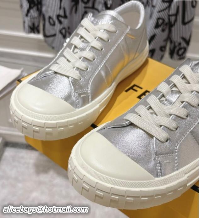 Luxury Cheap Fendi FF Patch Calfskin Sneakers Silver 112113