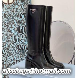 Top Design Prada Brushed Leather High Boots P102902 Black 102902