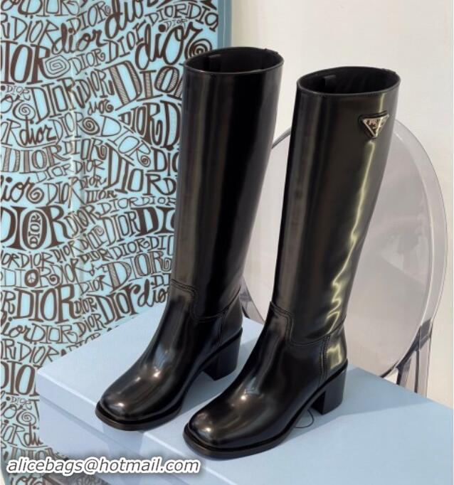 Top Design Prada Brushed Leather High Boots P102902 Black 102902