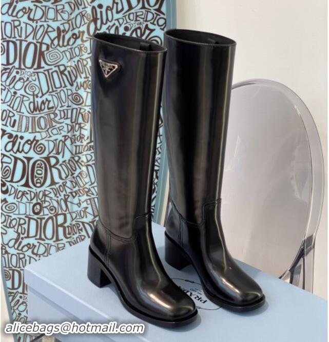 Top Design Prada Brushed Leather High Boots P102902 Black 102902