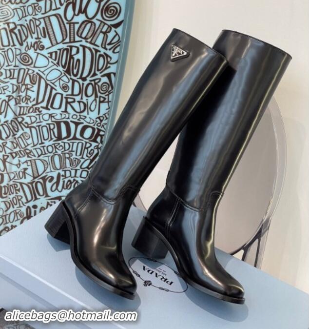 Top Design Prada Brushed Leather High Boots P102902 Black 102902