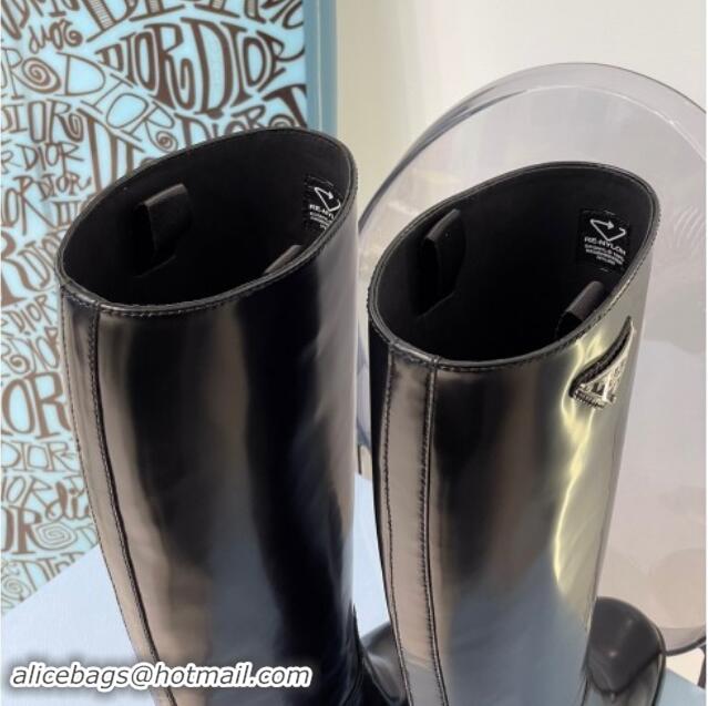 Top Design Prada Brushed Leather High Boots P102902 Black 102902