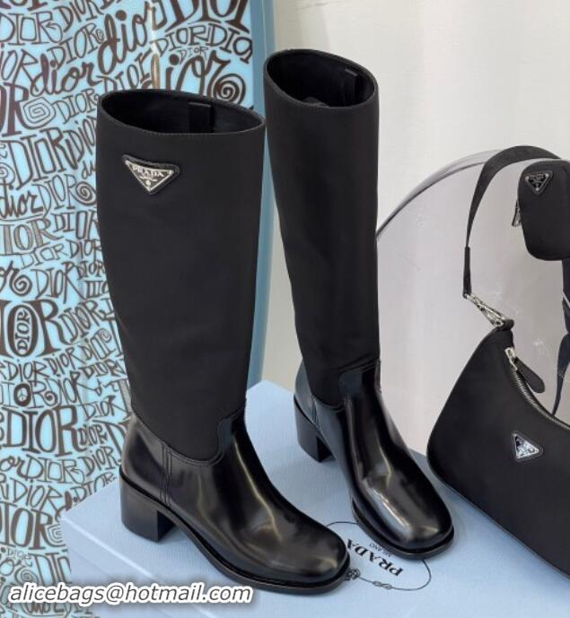 Unique Style Prada Brushed Leather and Nylon High Boots P102903 Black 102903