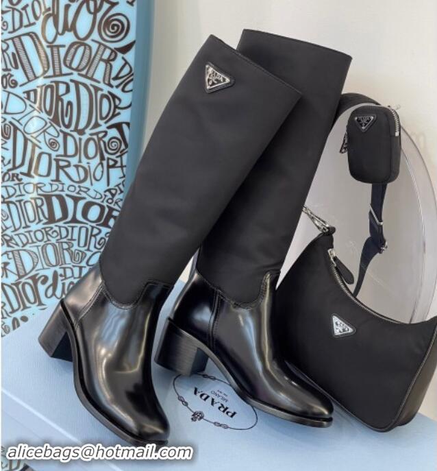 Unique Style Prada Brushed Leather and Nylon High Boots P102903 Black 102903