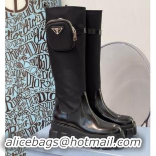 Low Price Prada Brushed Leather and Nylon High Boots with Pocket P102904 Black 102904