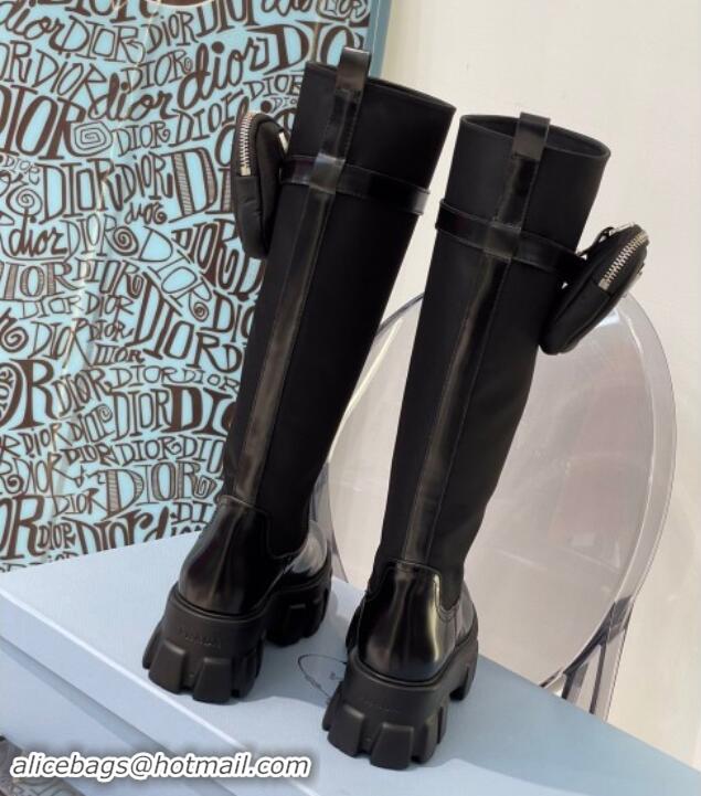 Low Price Prada Brushed Leather and Nylon High Boots with Pocket P102904 Black 102904