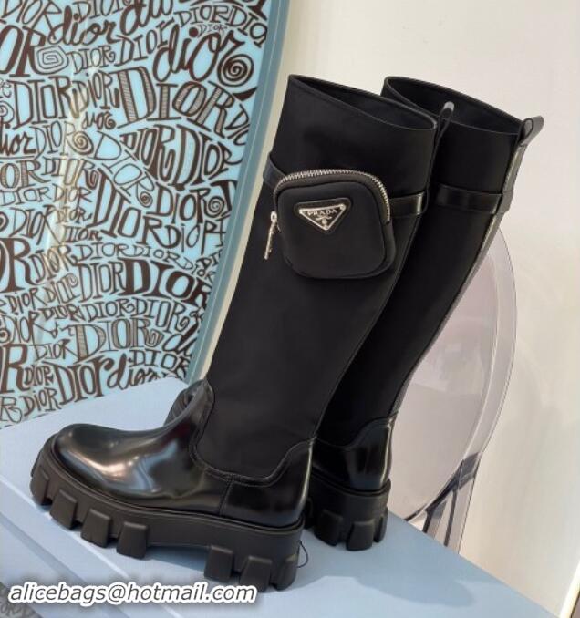 Low Price Prada Brushed Leather and Nylon High Boots with Pocket P102904 Black 102904