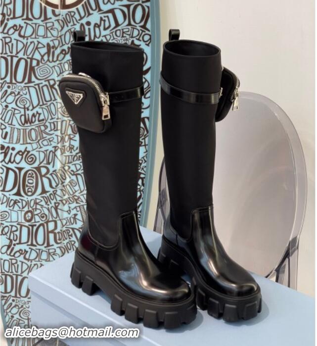 Low Price Prada Brushed Leather and Nylon High Boots with Pocket P102904 Black 102904