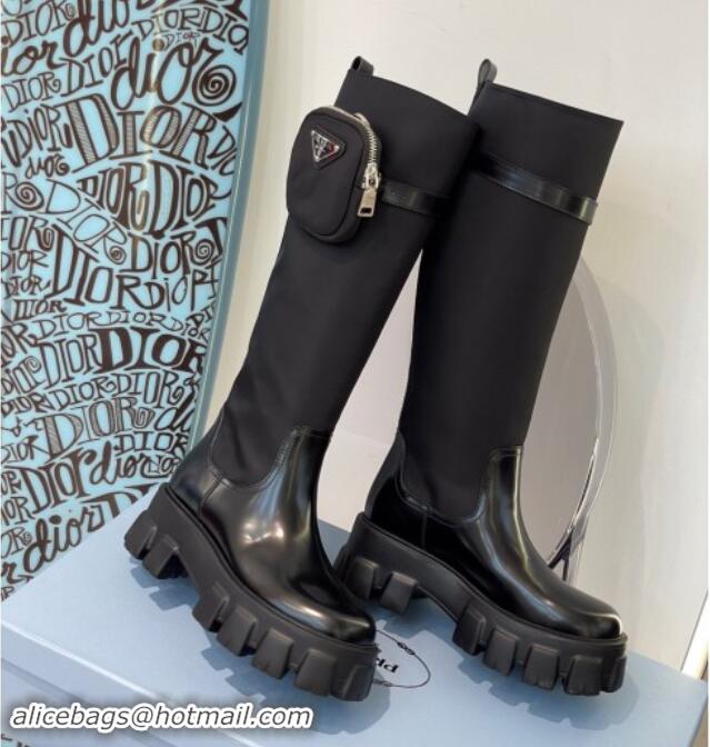 Low Price Prada Brushed Leather and Nylon High Boots with Pocket P102904 Black 102904