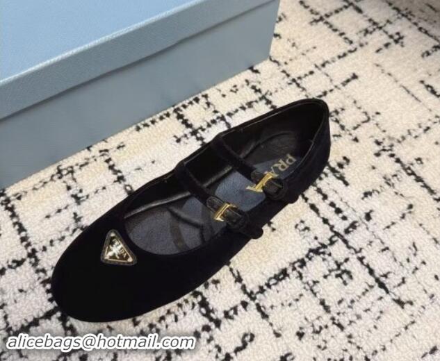 Feminine Prada Velvet ballerinas flats with Double Strap Black 114115