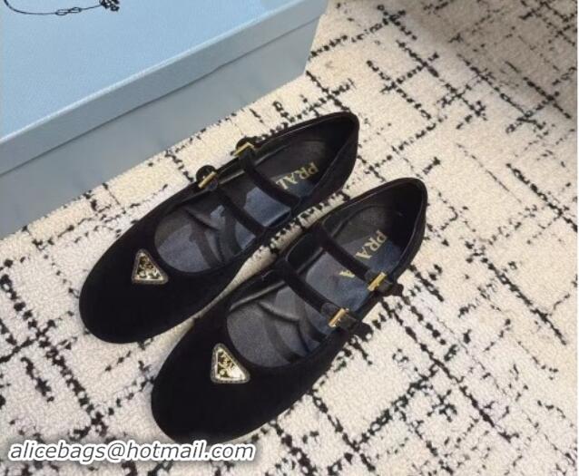 Feminine Prada Velvet ballerinas flats with Double Strap Black 114115