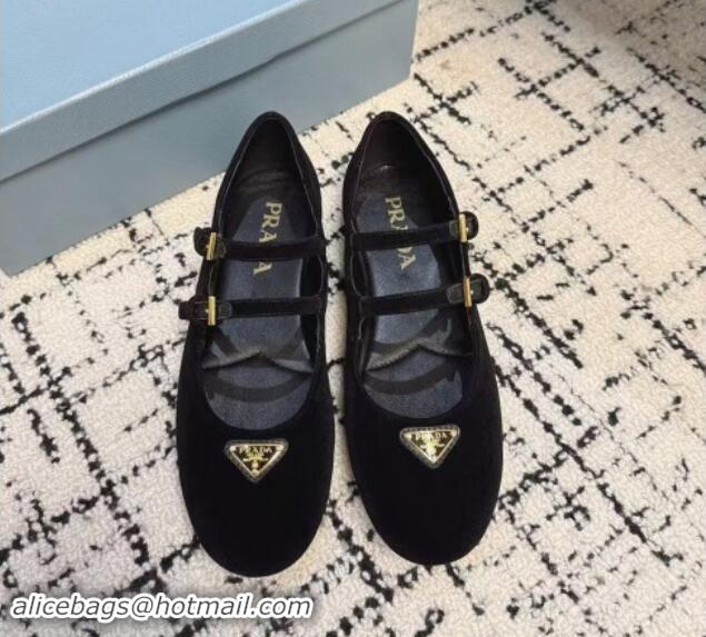 Feminine Prada Velvet ballerinas flats with Double Strap Black 114115