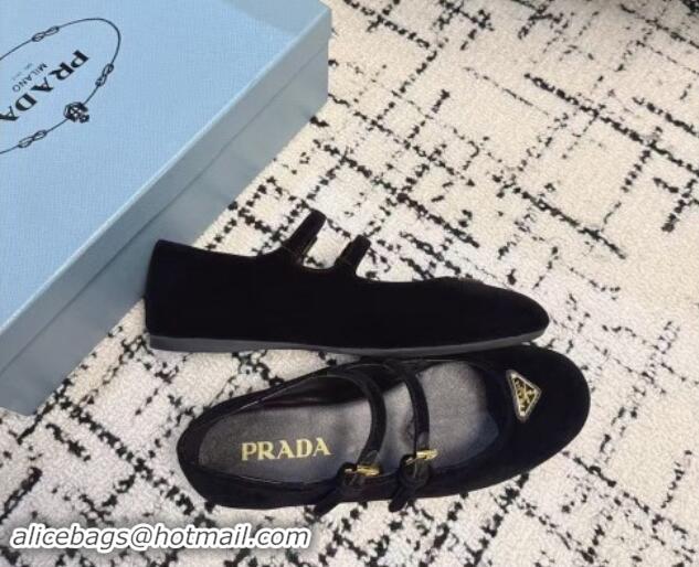 Feminine Prada Velvet ballerinas flats with Double Strap Black 114115