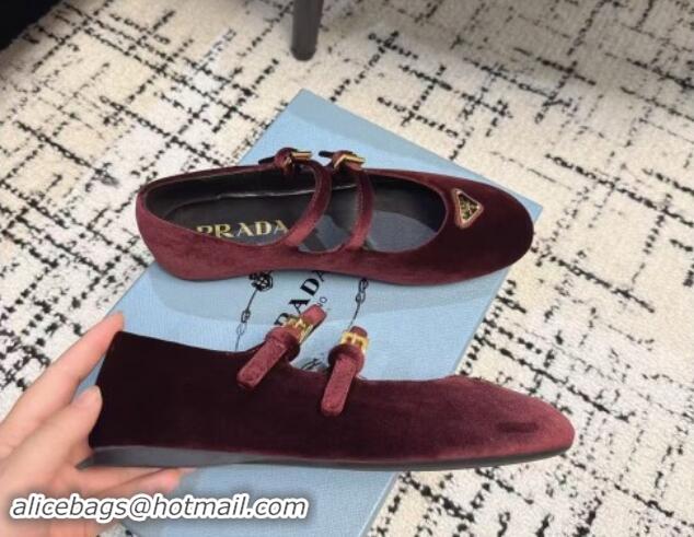 Luxurious Prada Velvet ballerinas flats with Double Strap Burgundy 114116