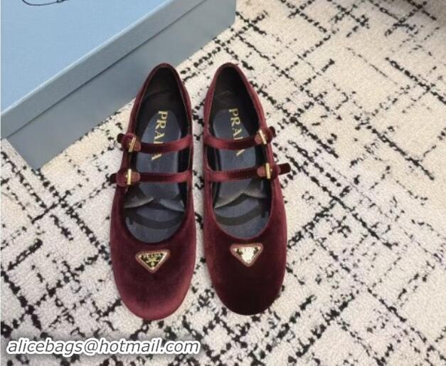 Luxurious Prada Velvet ballerinas flats with Double Strap Burgundy 114116