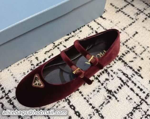 Luxurious Prada Velvet ballerinas flats with Double Strap Burgundy 114116