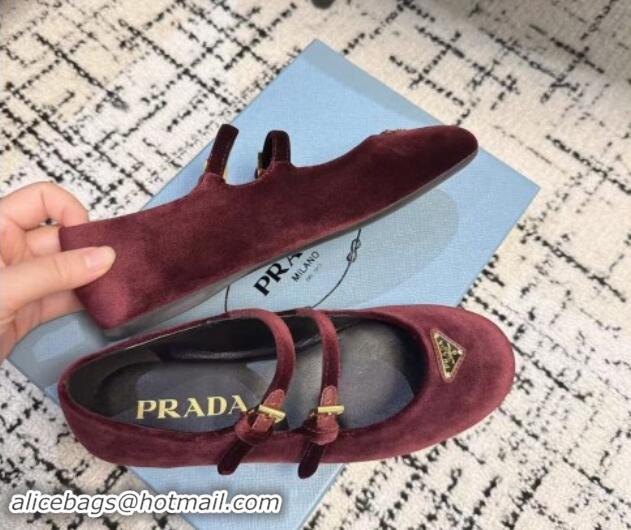 Luxurious Prada Velvet ballerinas flats with Double Strap Burgundy 114116