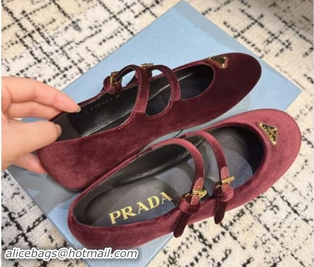 Luxurious Prada Velvet ballerinas flats with Double Strap Burgundy 114116