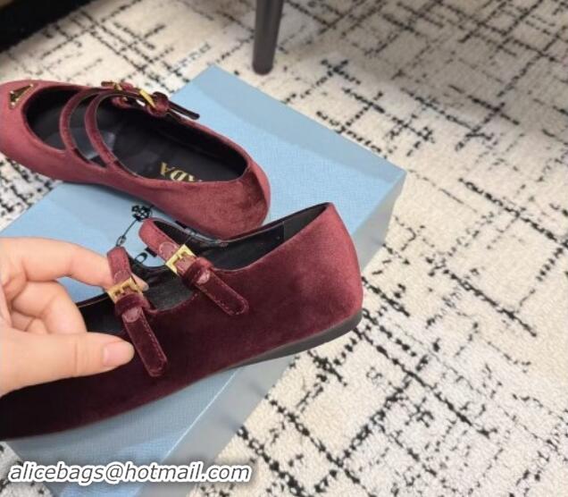 Luxurious Prada Velvet ballerinas flats with Double Strap Burgundy 114116