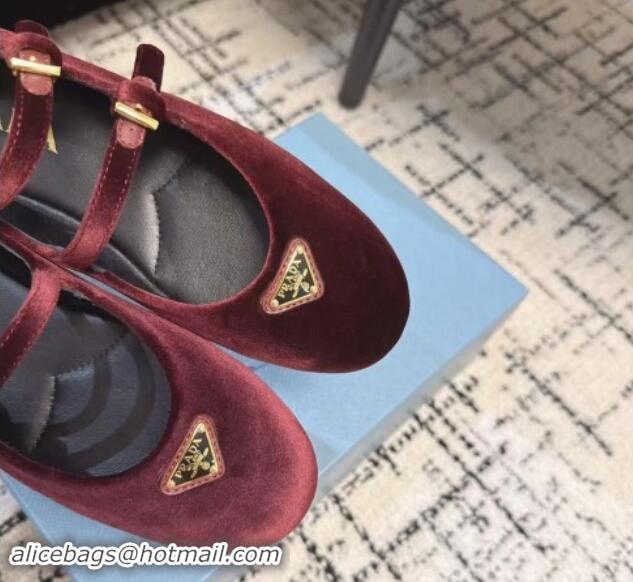 Luxurious Prada Velvet ballerinas flats with Double Strap Burgundy 114116