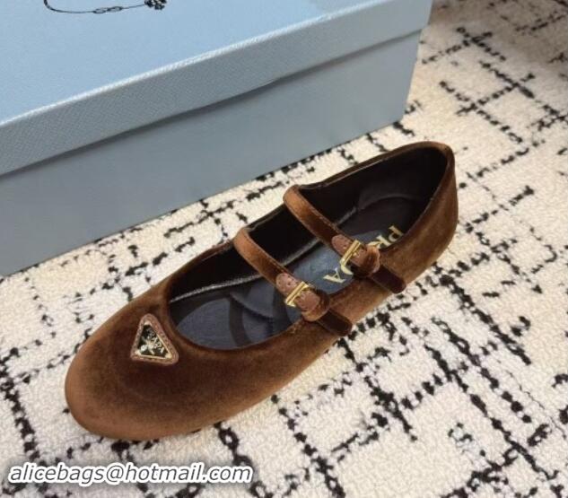 Best Grade Prada Velvet ballerinas flats with Double Strap Brown 114117