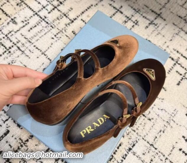 Best Grade Prada Velvet ballerinas flats with Double Strap Brown 114117