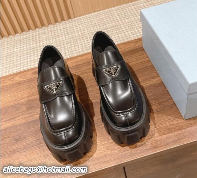 Best Price Prada Monolith Brushed Leather Platform Loafers Black 114118