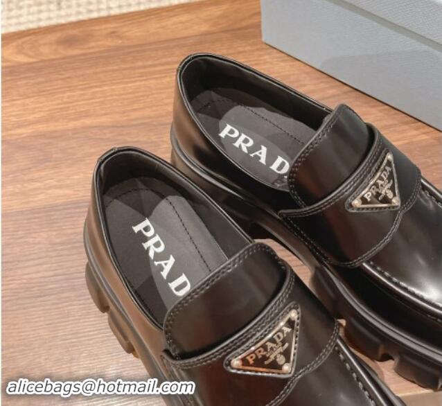 Best Price Prada Monolith Brushed Leather Platform Loafers Black 114118