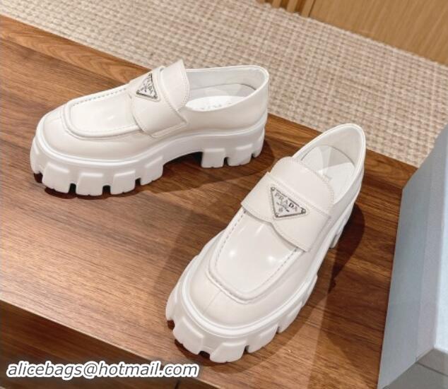 Stylish Prada Monolith Brushed Leather Platform Loafers White 114120