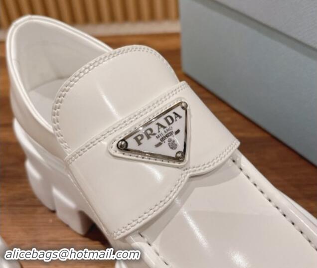 Stylish Prada Monolith Brushed Leather Platform Loafers White 114120