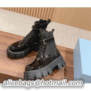 Sumptuous Prada Monolith Patent Leather and Nylon Platform Ankle Boots with Buckle Black 1114125