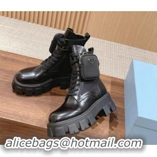 Good Looking Prada Monolith Brushed Leather and Nylon Platform Ankle Boots with Pouch Black 114126