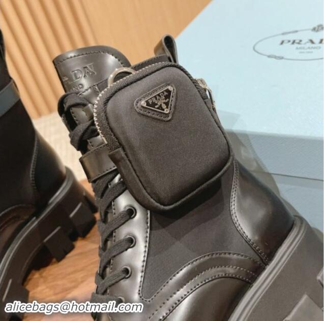 Good Looking Prada Monolith Brushed Leather and Nylon Platform Ankle Boots with Pouch Black 114126