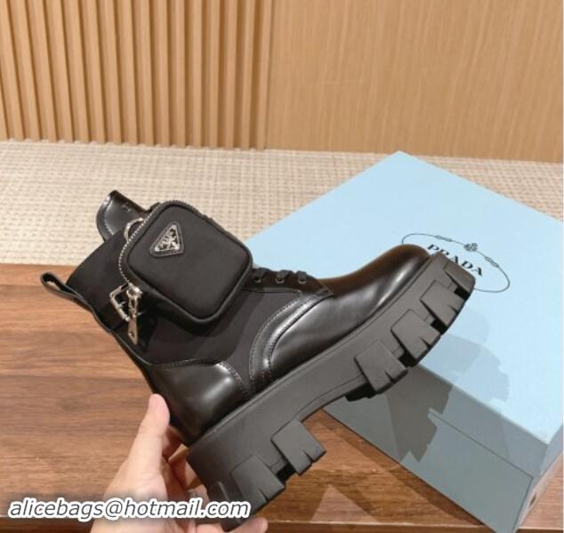 Good Looking Prada Monolith Brushed Leather and Nylon Platform Ankle Boots with Pouch Black 114126