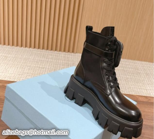 Good Looking Prada Monolith Brushed Leather and Nylon Platform Ankle Boots with Pouch Black 114126