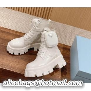 Classic Specials Prada Monolith Brushed Leather and Nylon Platform Ankle Boots with Pouch White 114127