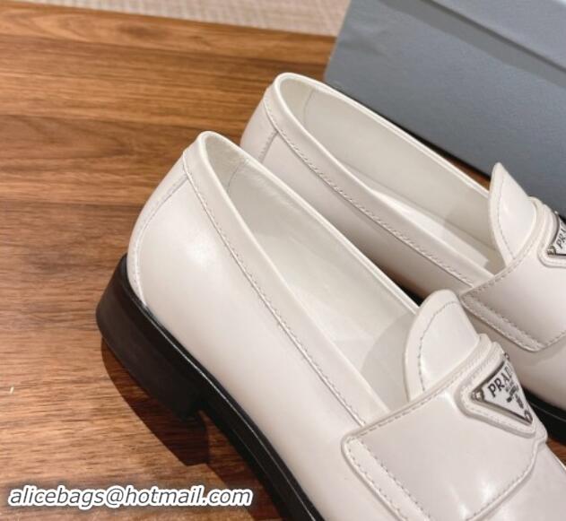 Buy Discount Prada Brushed Leather Loafers Ivory White 114129