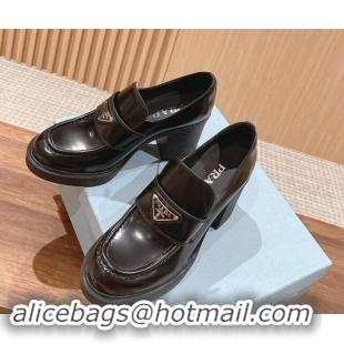 Buy Luxury Prada Chocolate Brushed Leather Loafers Pumps 7.5cm Black 115007