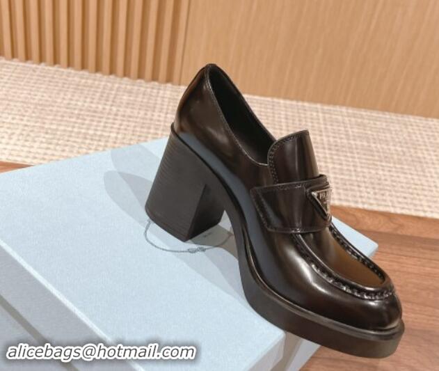 Buy Luxury Prada Chocolate Brushed Leather Loafers Pumps 7.5cm Black 115007