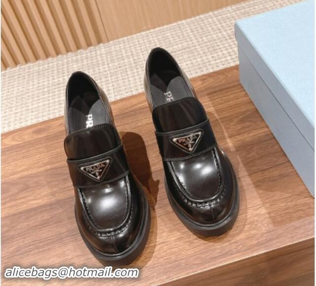 Buy Luxury Prada Chocolate Brushed Leather Loafers Pumps 7.5cm Black 115007